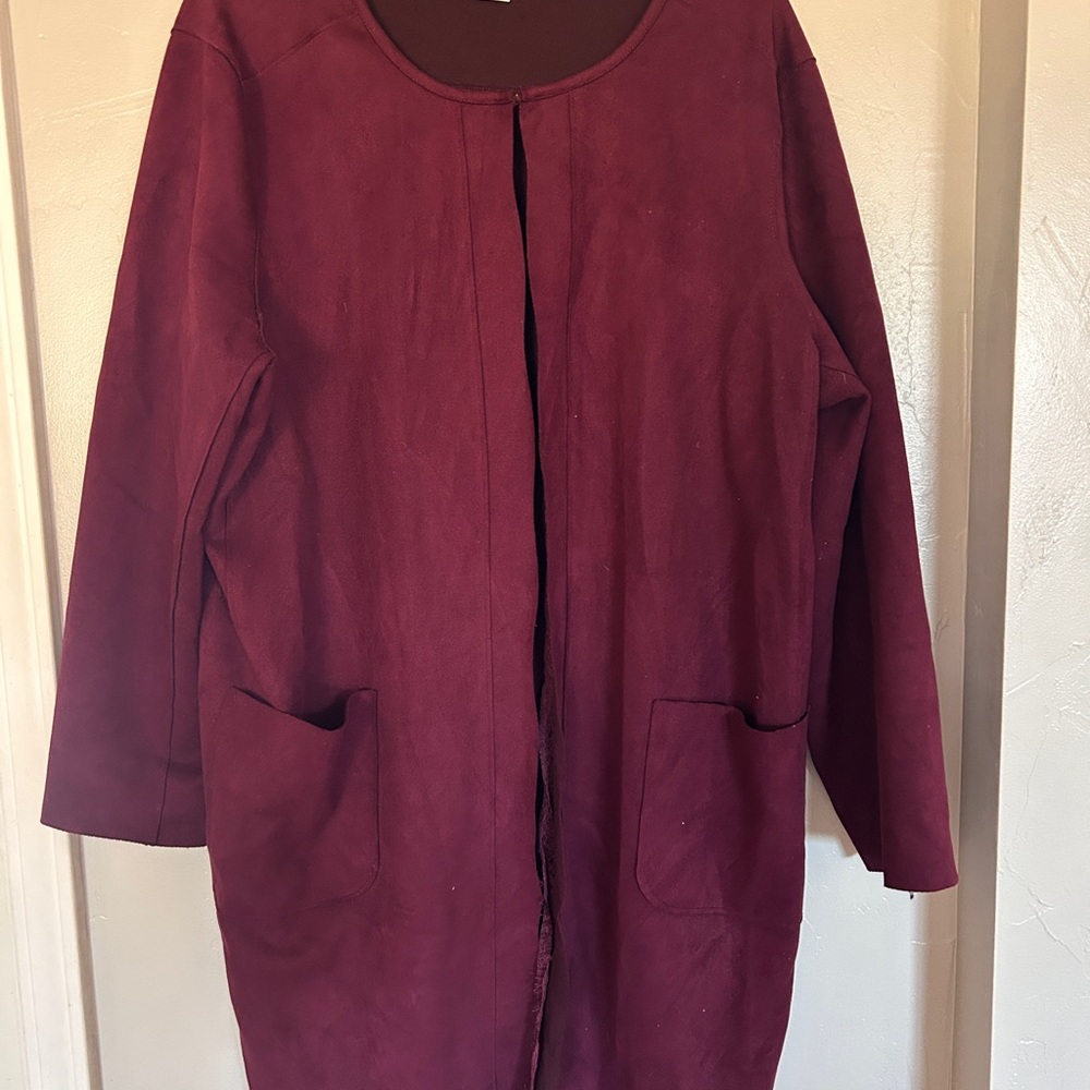 T Tahari Burgundy Faux Suede Longline Coat